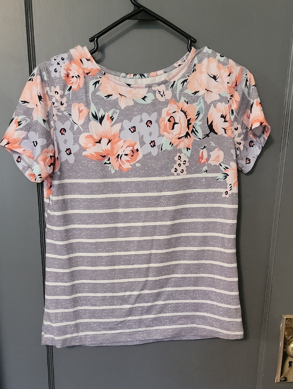 Girls' Short Sleeve Floral Stripe Tee - Gray & Peach